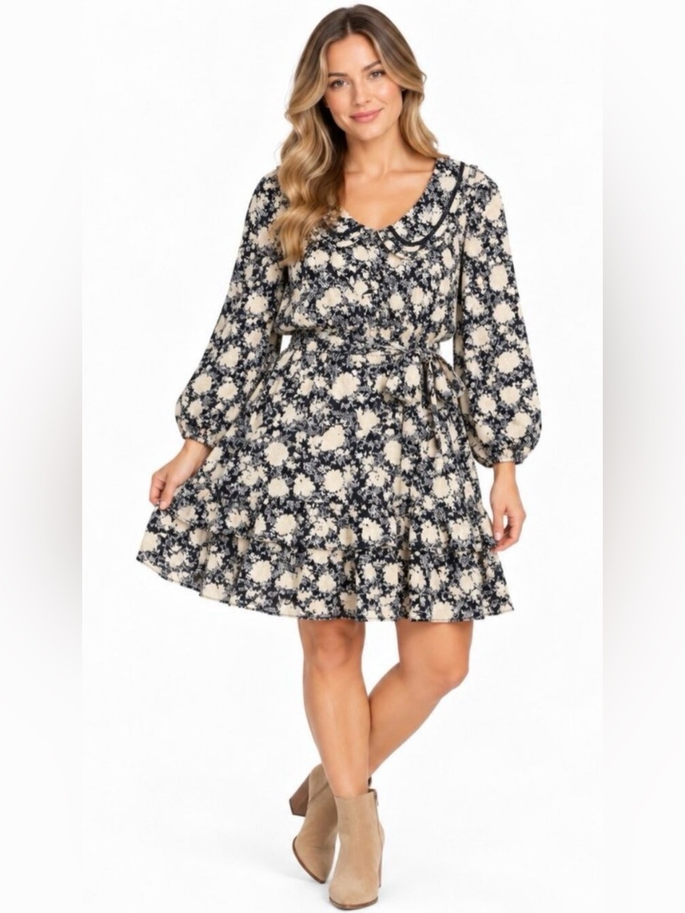 Lauren Conrad Floral Tie-Waist Long Sleeve Dress Peter Pan Collar Cream Black A5